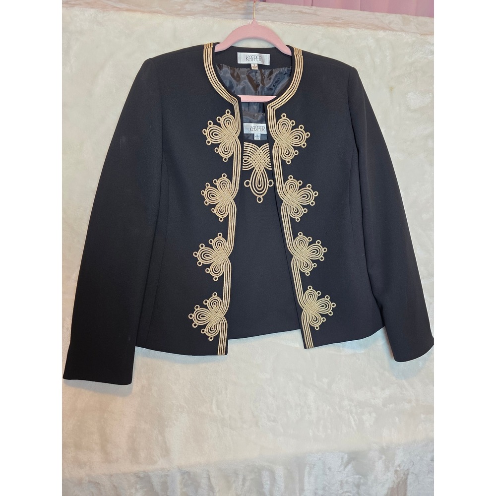 Kasper Womens 2 Piece Set Jacket and Shell Black Gold Soutache Embroidery Size 6